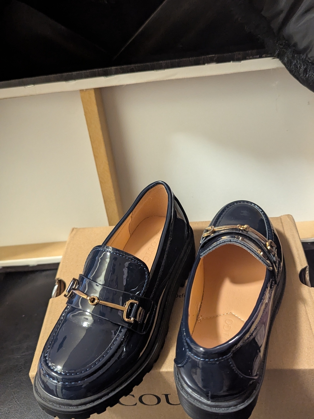Kids Navy Patent Dress Loafers with Gold Accent